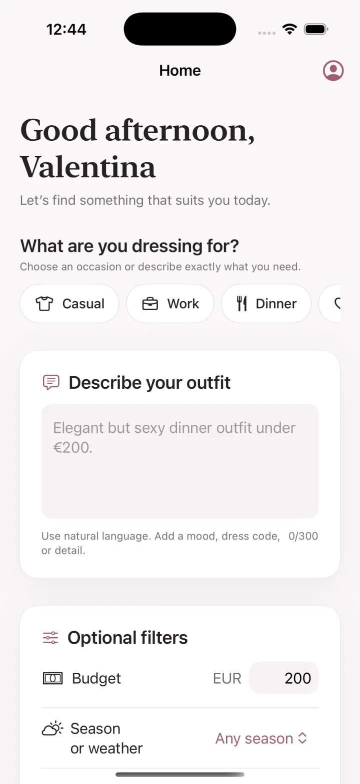 NELLEA home screen asking what the user is dressing for