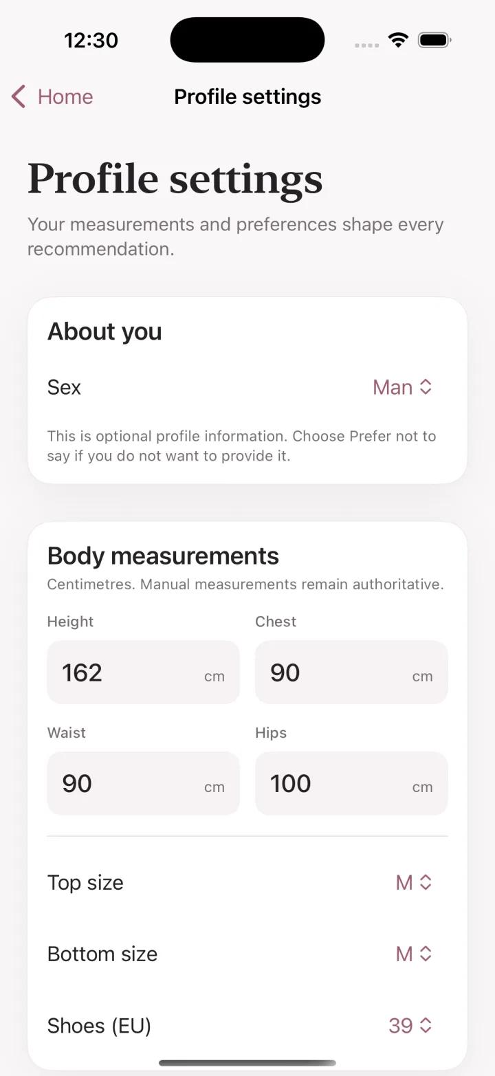 NELLEA profile screen showing optional measurements and size preferences